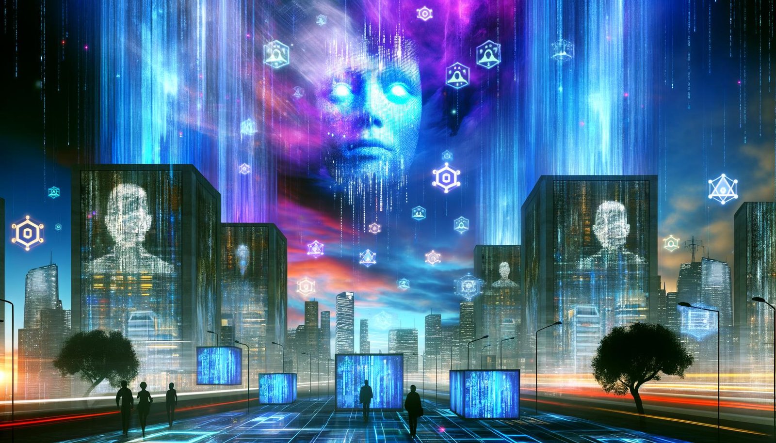 Dystopische Stadt mit leuchtenden Datenströmen, Tech-Giganten-Logos, digitalen Gesichtern und Algorithmen, kleine Menschen blicken ehrfürchtig nach oben