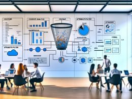 Modernes Büro mit Segment-Dashboard und Team aus Marketer:innen, Data Scientists und Entwickler:innen vor Whiteboard mit Datenflüssen.