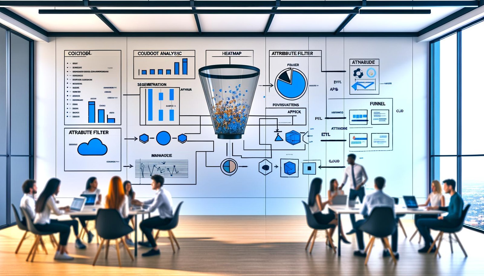 Modernes Büro mit Segment-Dashboard und Team aus Marketer:innen, Data Scientists und Entwickler:innen vor Whiteboard mit Datenflüssen.