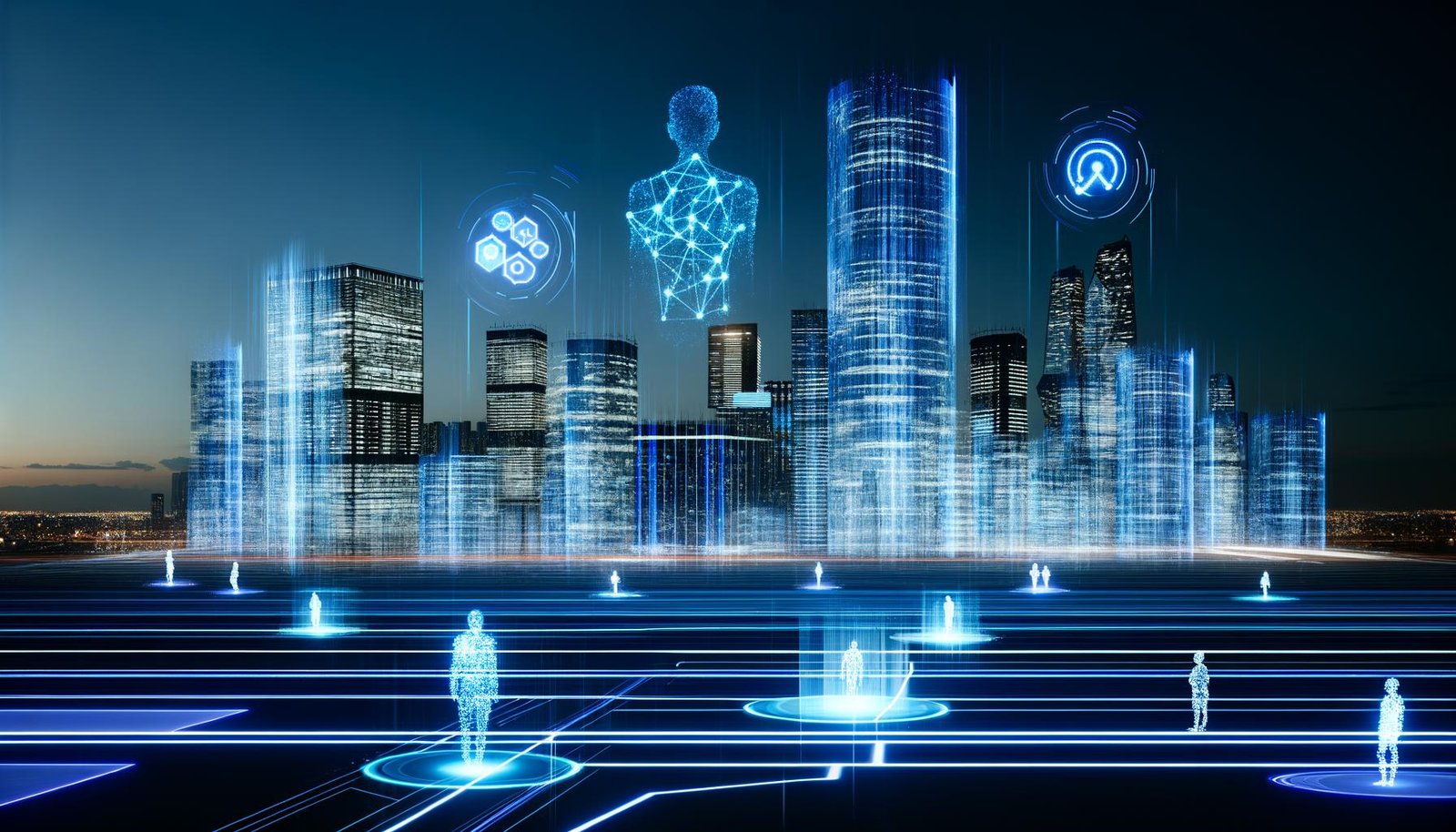Futuristische Stadt bei Dämmerung mit Glasgebäuden, Hologrammen und übergroßen, transparenten KI-Wächtern über den Menschen.
