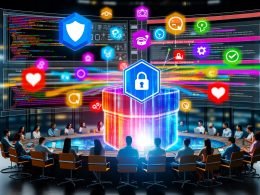 Hochmodernes Kontrollzentrum mit Team von Marketern und Entwicklern vor Dashboard, das Nutzeraktionen und Datenströme zu Plattformen wie Google Analytics, Facebook und Salesforce visualisiert. Im Hintergrund Tracking-Pläne, Code und Datenschutz-Symbol.