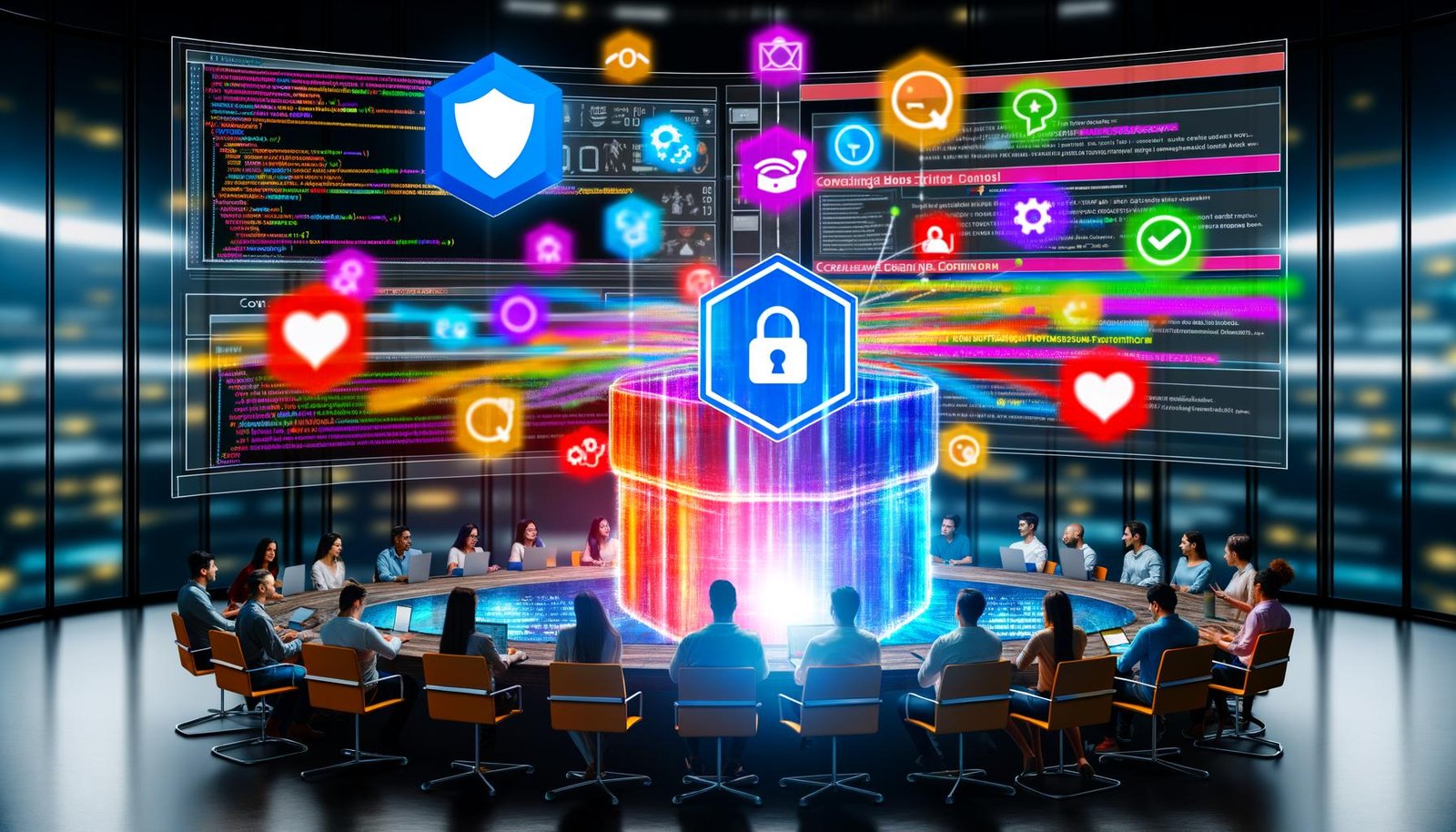 Hochmodernes Kontrollzentrum mit Team von Marketern und Entwicklern vor Dashboard, das Nutzeraktionen und Datenströme zu Plattformen wie Google Analytics, Facebook und Salesforce visualisiert. Im Hintergrund Tracking-Pläne, Code und Datenschutz-Symbol.