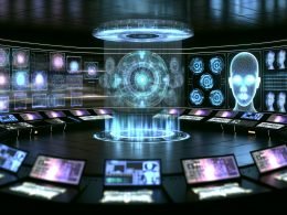 Futuristischer Kontrollraum mit transparenten Datenströmen, holographischen Diagrammen und Roboterarmen, die eine zentrale Steuereinheit ohne Menschen bedienen.
