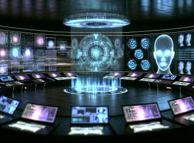 Futuristischer Kontrollraum mit transparenten Datenströmen, holographischen Diagrammen und Roboterarmen, die eine zentrale Steuereinheit ohne Menschen bedienen.