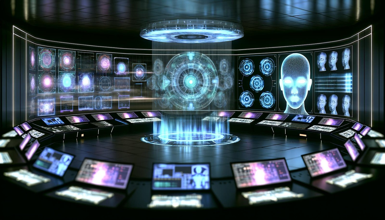 Futuristischer Kontrollraum mit transparenten Datenströmen, holographischen Diagrammen und Roboterarmen, die eine zentrale Steuereinheit ohne Menschen bedienen.