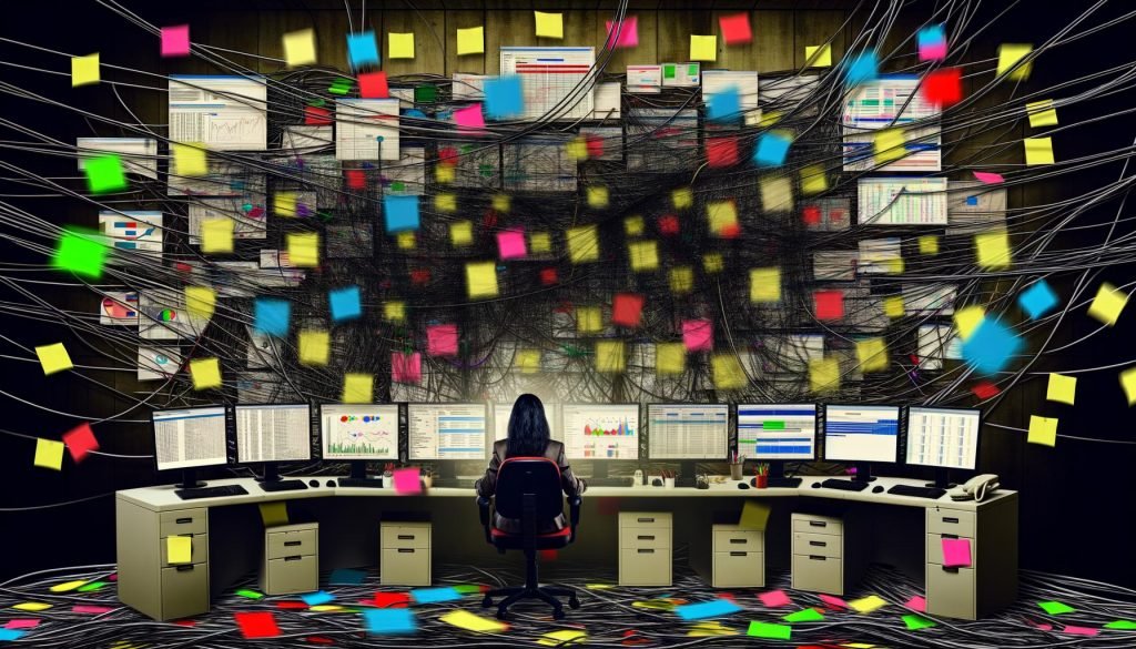 Überladene Bürowand mit verknoteten Marketing-Tools und Datenpunkten, erschöpfte Managerin blickt verzweifelt auf mehrere Monitore mit unscharfen und widersprüchlichen Daten.