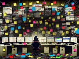 Überladene Bürowand mit verknoteten Marketing-Tools und Datenpunkten, erschöpfte Managerin blickt verzweifelt auf mehrere Monitore mit unscharfen und widersprüchlichen Daten.