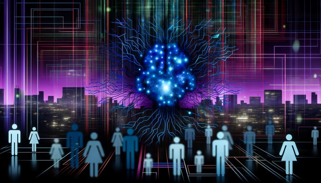 Futuristische Cyberpunk-Szene mit leuchtendem neuronalen Netzwerk, verschmelzenden Menschen und KI-Avataren vor einer dunklen Stadtlandschaft.