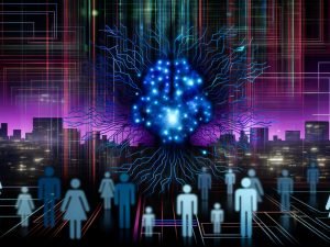Futuristische Cyberpunk-Szene mit leuchtendem neuronalen Netzwerk, verschmelzenden Menschen und KI-Avataren vor einer dunklen Stadtlandschaft.