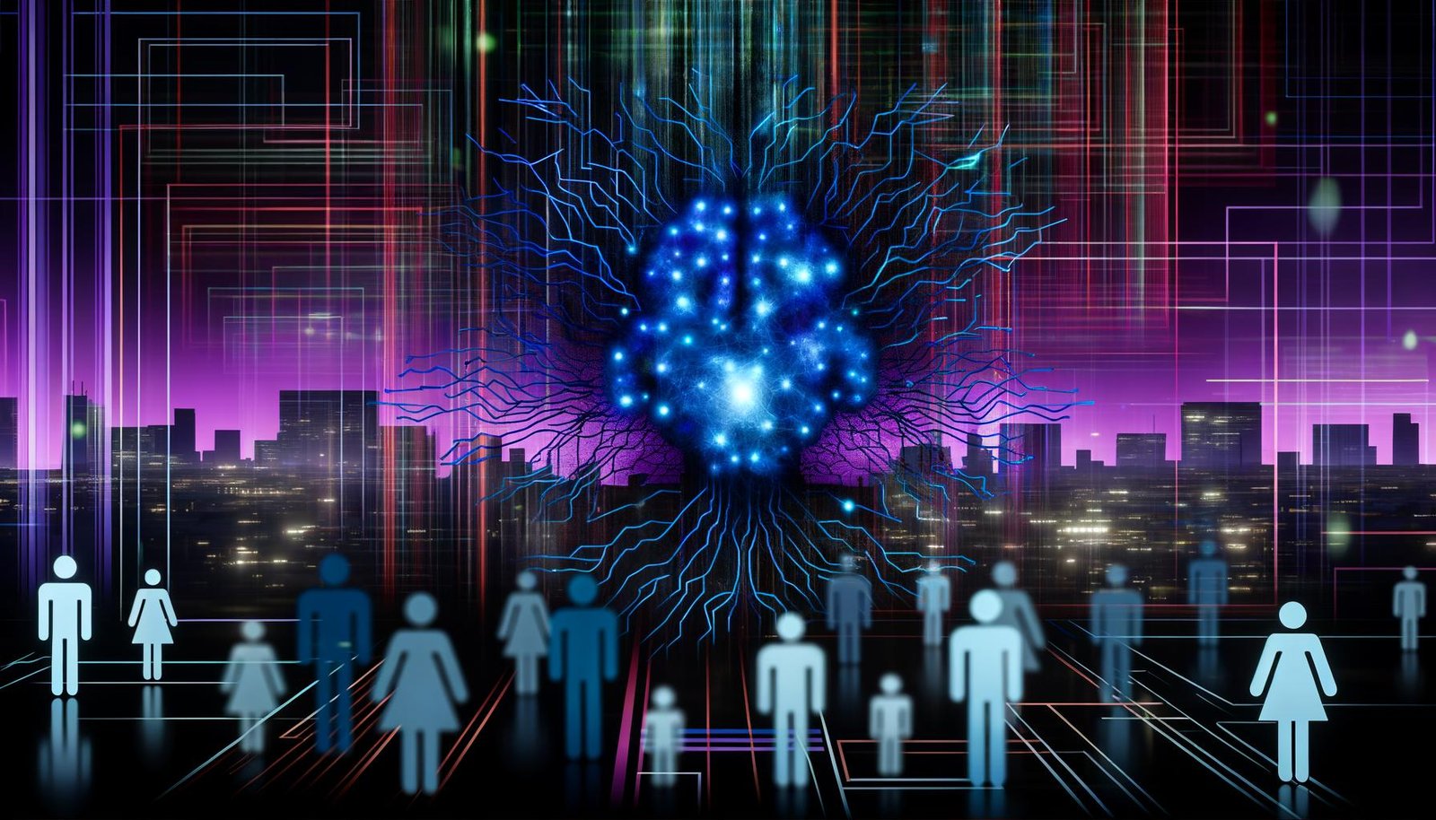 Futuristische Cyberpunk-Szene mit leuchtendem neuronalen Netzwerk, verschmelzenden Menschen und KI-Avataren vor einer dunklen Stadtlandschaft.