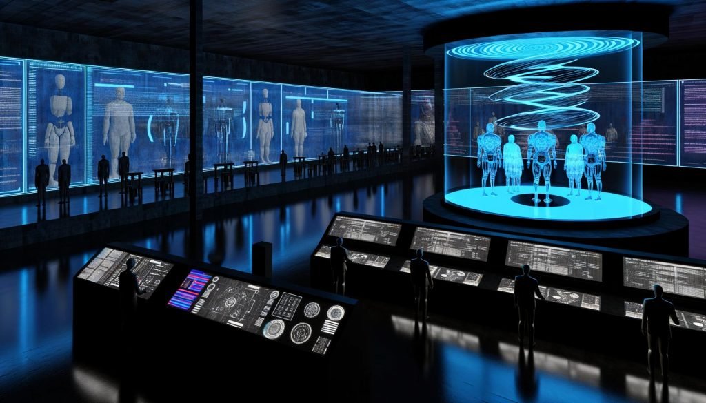 Futuristischer Maschinenraum mit digitalen Displays, Robotern, KI-Humanoiden und verlassenen politischen Symbolen in kühlem Neonlicht.