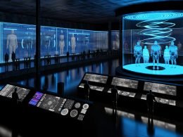Futuristischer Maschinenraum mit digitalen Displays, Robotern, KI-Humanoiden und verlassenen politischen Symbolen in kühlem Neonlicht.