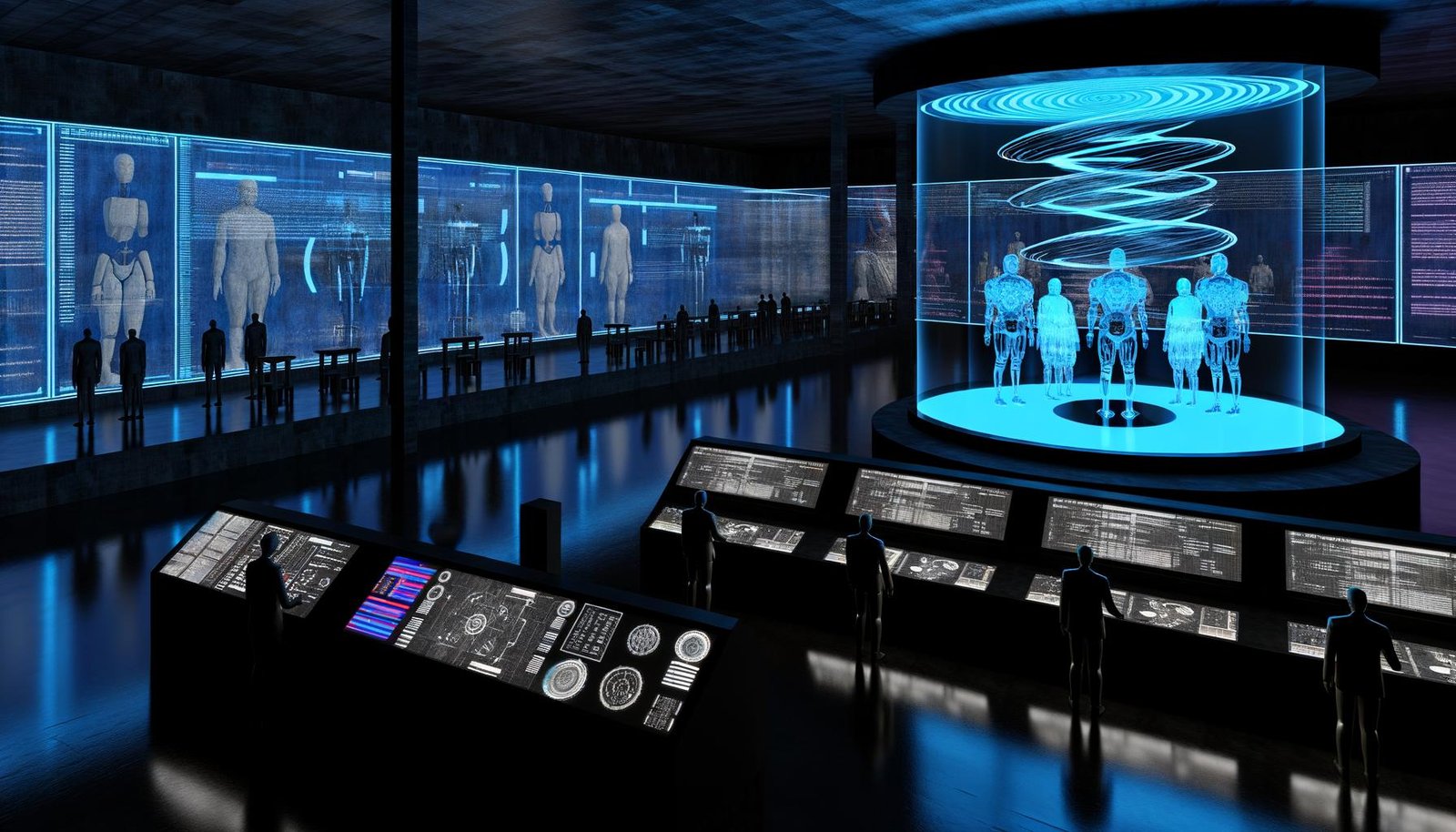 Futuristischer Maschinenraum mit digitalen Displays, Robotern, KI-Humanoiden und verlassenen politischen Symbolen in kühlem Neonlicht.