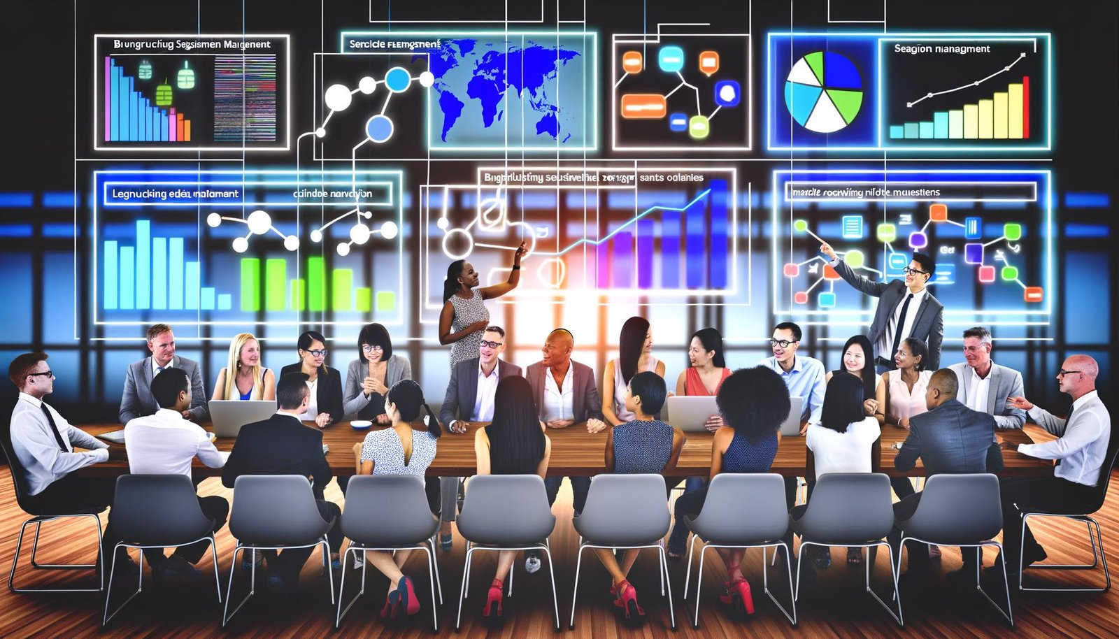 Modernes, dynamisches Team aus Marketingexperten und Datenanalysten umgeben von digitalen Dashboards mit bunten Diagrammen, Nutzersegmenten und Datenströmen in einem futuristischen Arbeitsraum.