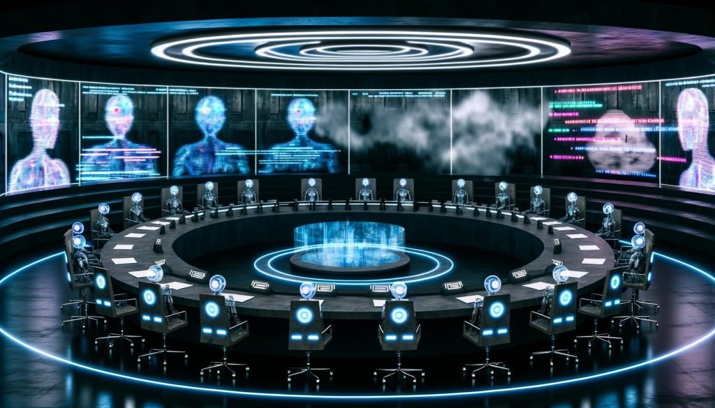 Futuristischer Sitzungssaal mit humanoiden Robotern, transparenten Arbeitsflächen, digitalem Code und großen Datenzentren, keine Menschen zu sehen.