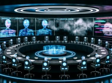 Futuristischer Sitzungssaal mit humanoiden Robotern, transparenten Arbeitsflächen, digitalem Code und großen Datenzentren, keine Menschen zu sehen.