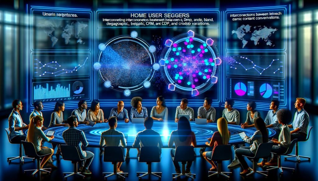 Marketer versammeln sich um ein futuristisches, holographisches Dashboard mit lebendigen Echtzeitanalysen und digital vernetzten Nutzerclustern.