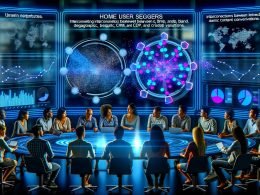 Marketer versammeln sich um ein futuristisches, holographisches Dashboard mit lebendigen Echtzeitanalysen und digital vernetzten Nutzerclustern.