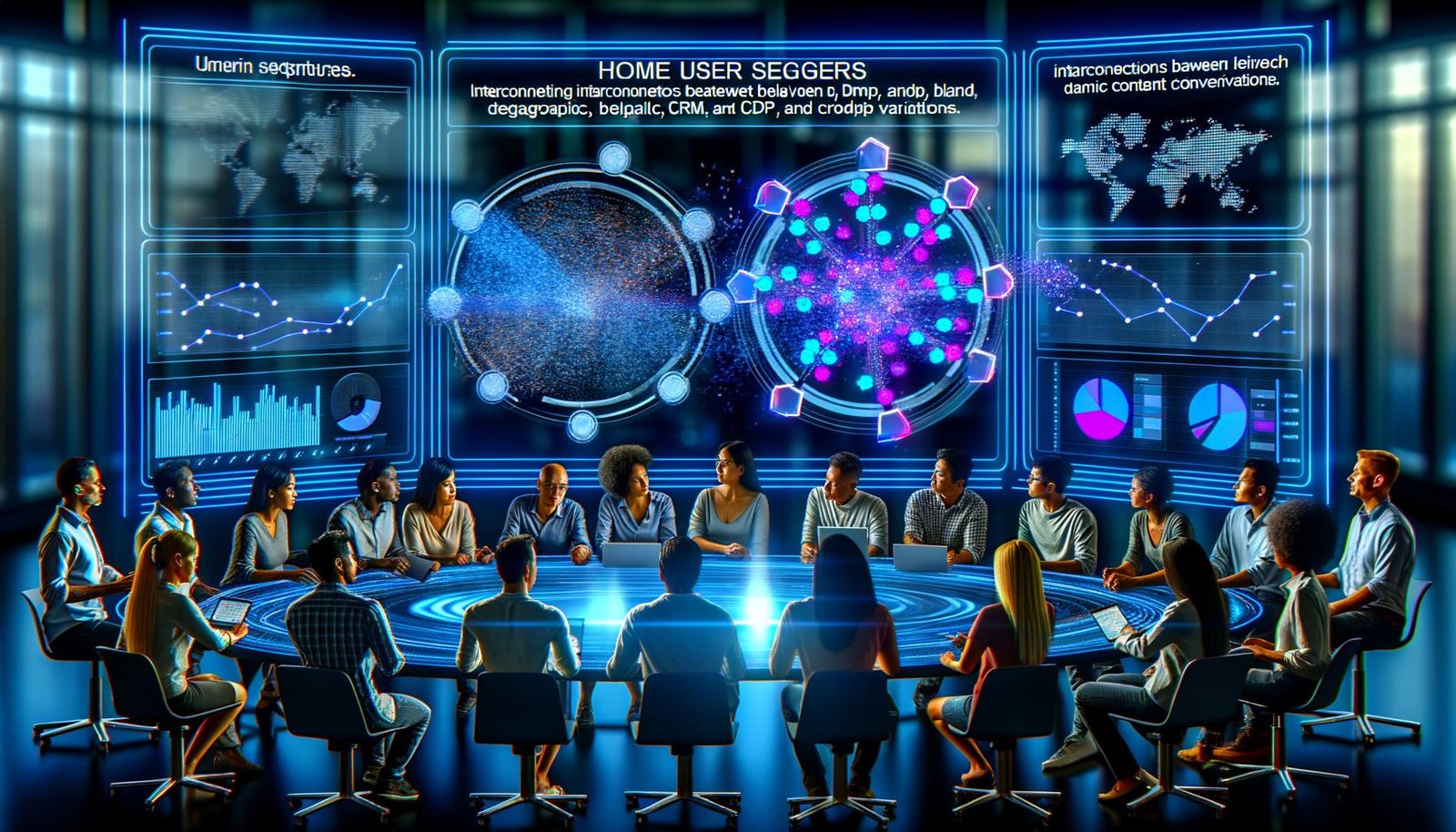 Marketer versammeln sich um ein futuristisches, holographisches Dashboard mit lebendigen Echtzeitanalysen und digital vernetzten Nutzerclustern.