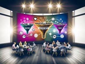 Marketing-Profis arbeiten an einem langen Tisch mit Laptops und Skizzen von Voiceflow-Dialog-Flows, im Hintergrund ein großes futuristisches Voiceflow-Logo und digitale Anzeigen mit Conversion-Daten.