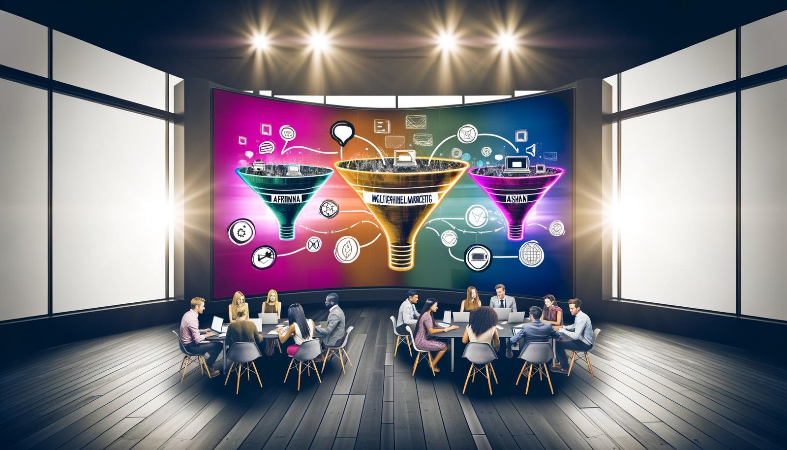Marketing-Profis arbeiten an einem langen Tisch mit Laptops und Skizzen von Voiceflow-Dialog-Flows, im Hintergrund ein großes futuristisches Voiceflow-Logo und digitale Anzeigen mit Conversion-Daten.