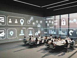 Journalist:innen arbeiten in einem modernen, digitalen Newsroom mit großen Dashboards, Content-Feeds und offenen Zugangssymbolen statt veralteter Paywalls.