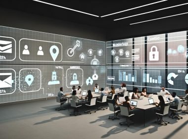 Journalist:innen arbeiten in einem modernen, digitalen Newsroom mit großen Dashboards, Content-Feeds und offenen Zugangssymbolen statt veralteter Paywalls.