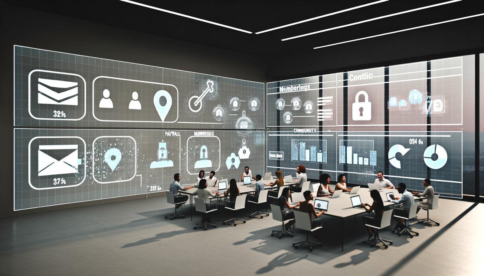 Journalist:innen arbeiten in einem modernen, digitalen Newsroom mit großen Dashboards, Content-Feeds und offenen Zugangssymbolen statt veralteter Paywalls.