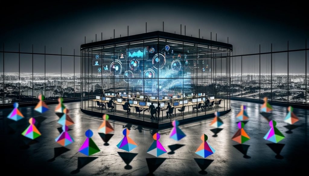Hyperrealistische Collage einer modernen, nächtlichen Marketingzentrale mit holographischen Dashboards, konzentrierten Strategen und zerrissenen Personas-Figuren im Vordergrund.