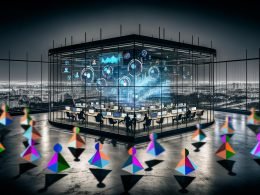 Hyperrealistische Collage einer modernen, nächtlichen Marketingzentrale mit holographischen Dashboards, konzentrierten Strategen und zerrissenen Personas-Figuren im Vordergrund.