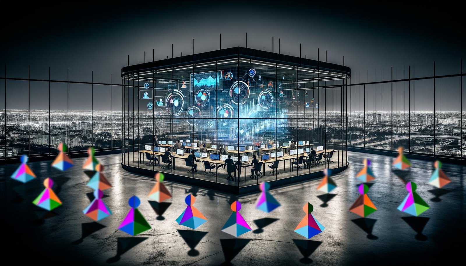 Hyperrealistische Collage einer modernen, nächtlichen Marketingzentrale mit holographischen Dashboards, konzentrierten Strategen und zerrissenen Personas-Figuren im Vordergrund.