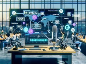Futuristisches Podcast-Studio mit großen Monitoren, die Automatisierungs-Workflows und Konversationsdiagramme zeigen, hochwertiges Mikrofon und Kopfhörer am Schreibtisch, kreatives Team im Hintergrund.