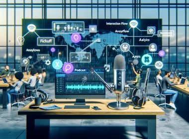 Futuristisches Podcast-Studio mit großen Monitoren, die Automatisierungs-Workflows und Konversationsdiagramme zeigen, hochwertiges Mikrofon und Kopfhörer am Schreibtisch, kreatives Team im Hintergrund.