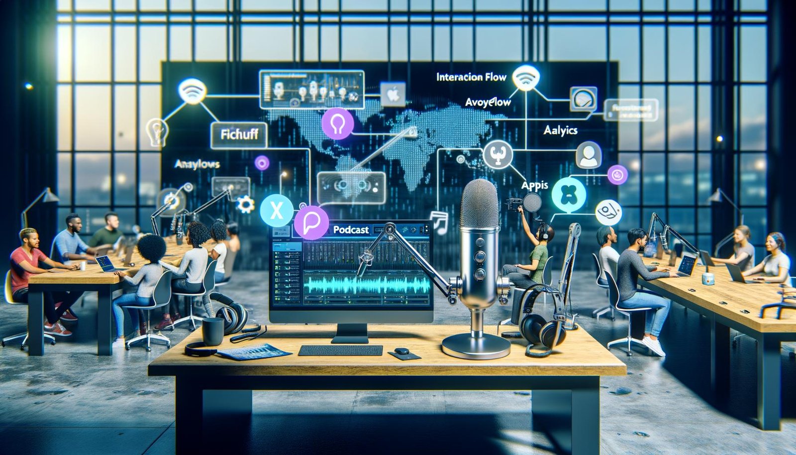 Futuristisches Podcast-Studio mit großen Monitoren, die Automatisierungs-Workflows und Konversationsdiagramme zeigen, hochwertiges Mikrofon und Kopfhörer am Schreibtisch, kreatives Team im Hintergrund.