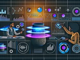 Illustration eines futuristischen Arbeitsplatzes mit einem Marketer, der Werbeanalysen über smarte Geräte und holographische Benutzeroberflächen für Voice Marketing durchführt.