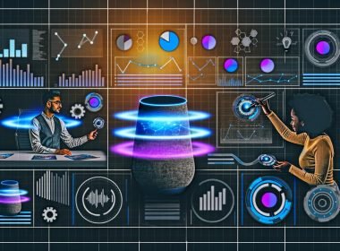 Illustration eines futuristischen Arbeitsplatzes mit einem Marketer, der Werbeanalysen über smarte Geräte und holographische Benutzeroberflächen für Voice Marketing durchführt.