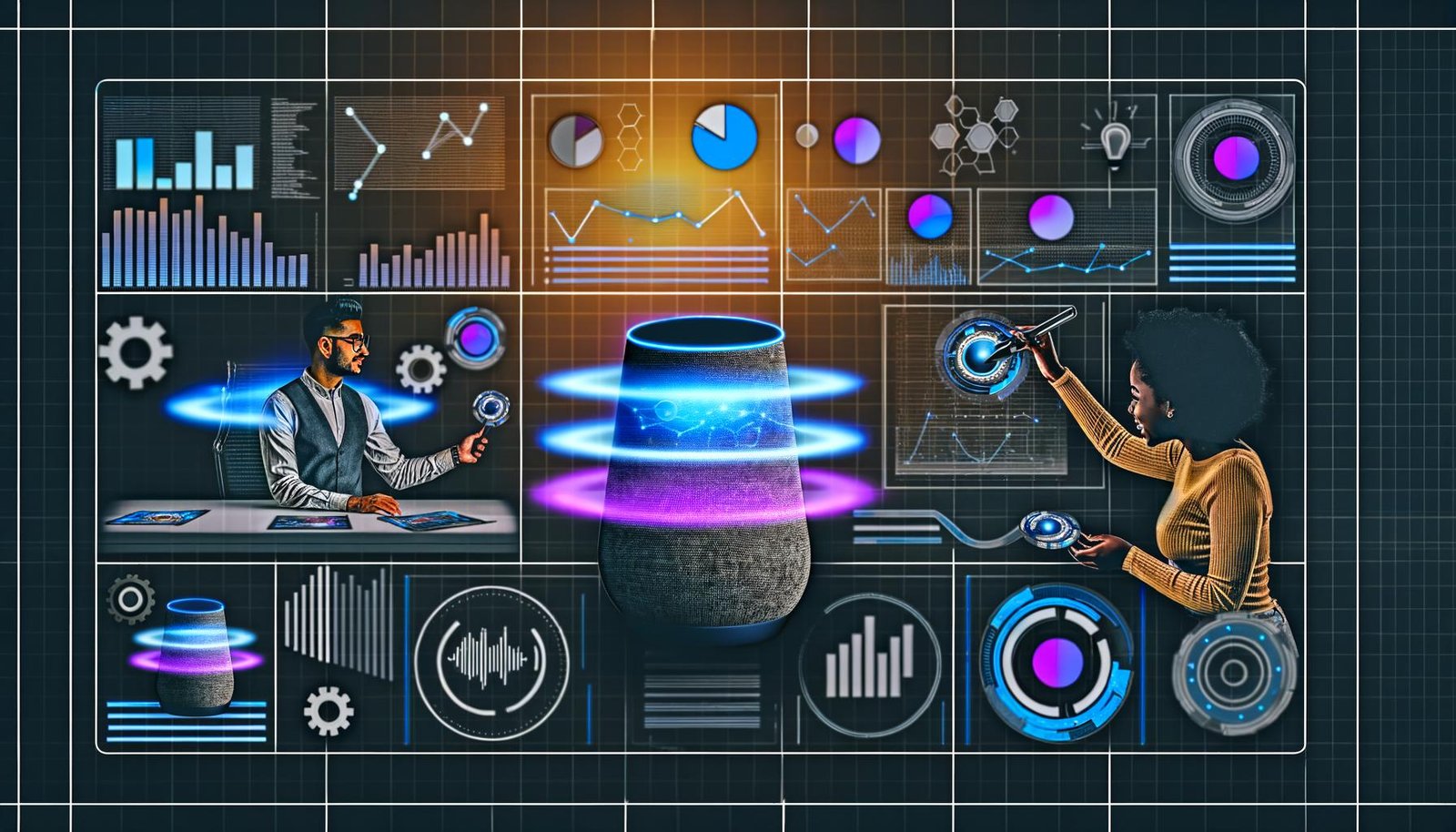 Illustration eines futuristischen Arbeitsplatzes mit einem Marketer, der Werbeanalysen über smarte Geräte und holographische Benutzeroberflächen für Voice Marketing durchführt.