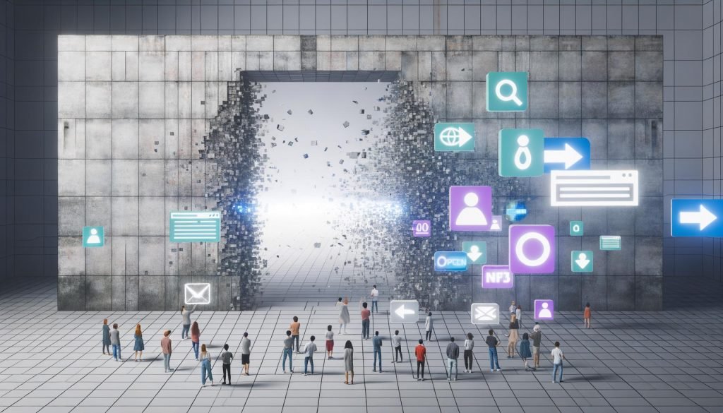 Futuristische Newsroom-Szene mit einstürzender Beton-Paywall, digitalen Fragmenten, offenen Panels, Technologie-Symbolen, diversen Menschen und schwebenden Social-Media-Icons.