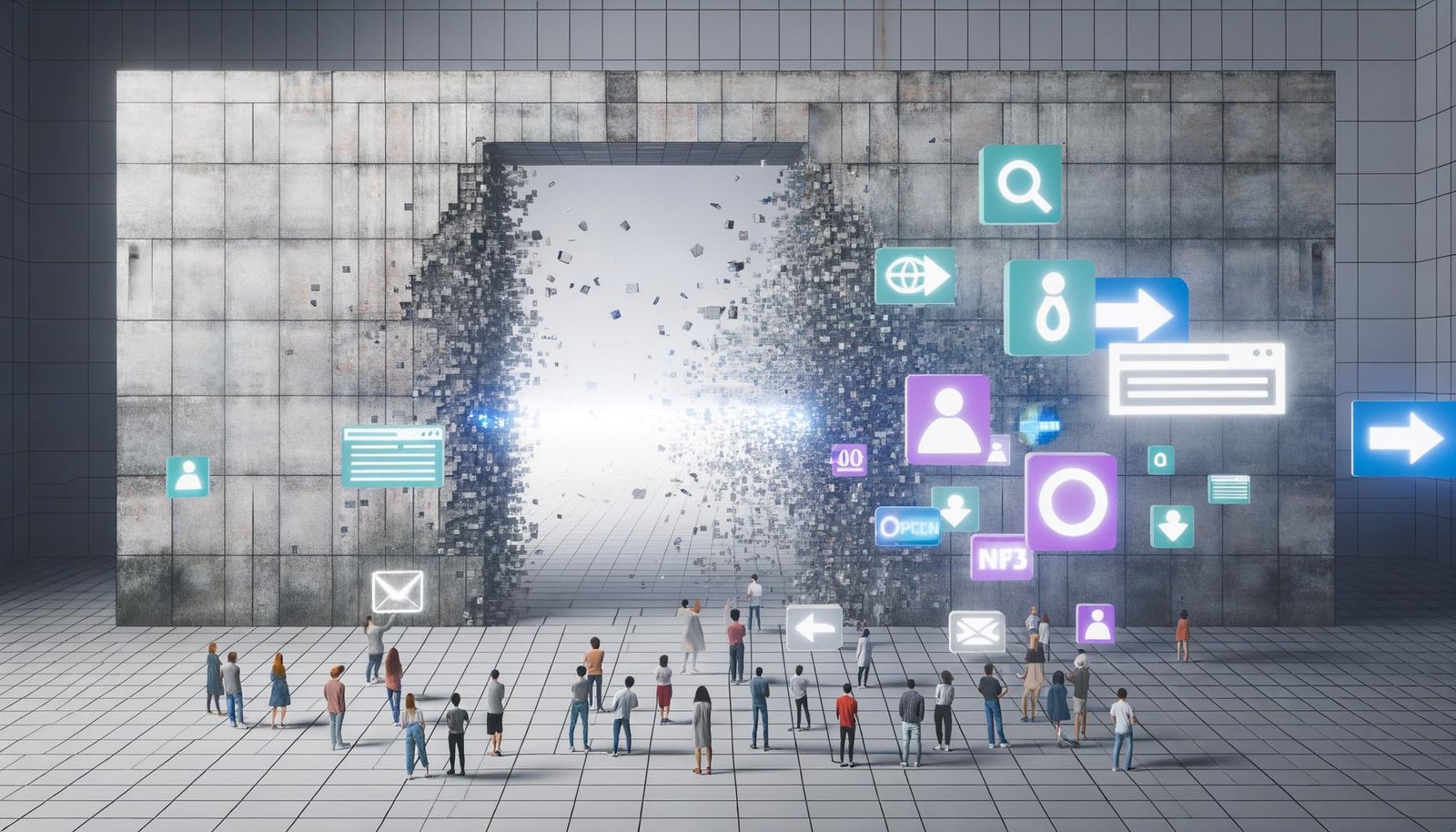 Futuristische Newsroom-Szene mit einstürzender Beton-Paywall, digitalen Fragmenten, offenen Panels, Technologie-Symbolen, diversen Menschen und schwebenden Social-Media-Icons.