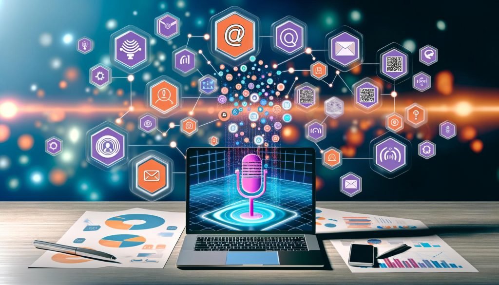 Futuristischer Arbeitsplatz mit Laptop, auf dem Voiceflow läuft, umgeben von schwebenden Symbolen wie Mikrofon, QR-Code, CRM-Cloud und Statistik-Icons. Im Hintergrund sind Datenströme und Netzwerkelemente sichtbar.