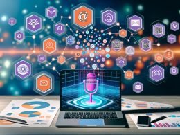 Futuristischer Arbeitsplatz mit Laptop, auf dem Voiceflow läuft, umgeben von schwebenden Symbolen wie Mikrofon, QR-Code, CRM-Cloud und Statistik-Icons. Im Hintergrund sind Datenströme und Netzwerkelemente sichtbar.