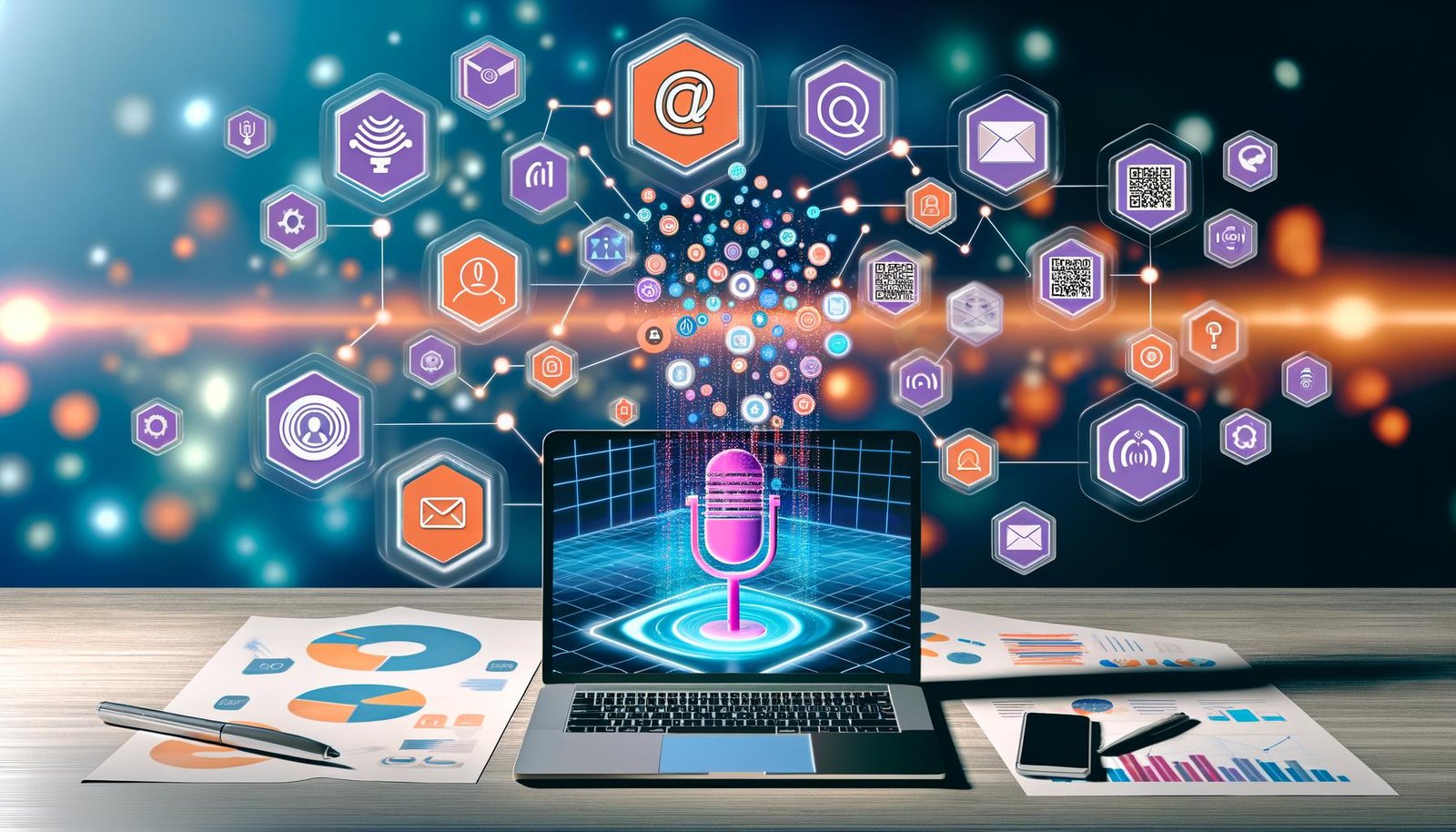 Futuristischer Arbeitsplatz mit Laptop, auf dem Voiceflow läuft, umgeben von schwebenden Symbolen wie Mikrofon, QR-Code, CRM-Cloud und Statistik-Icons. Im Hintergrund sind Datenströme und Netzwerkelemente sichtbar.
