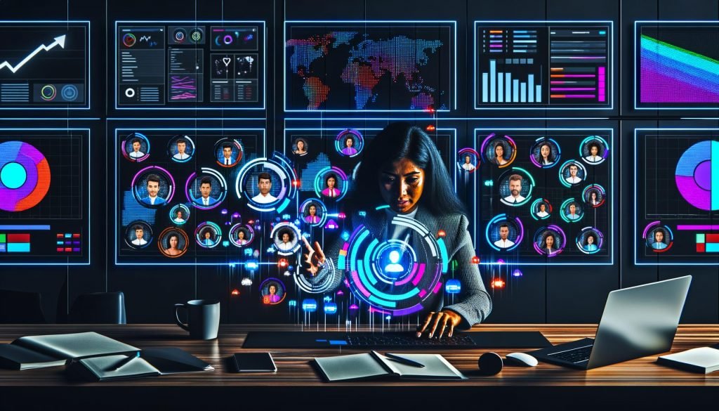 Futuristischer Arbeitsplatz mit leuchtenden Monitoren, Segment-Grafiken, Hologramm-Avataren und Business-Profi an großem Touchscreen