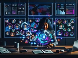 Futuristischer Arbeitsplatz mit leuchtenden Monitoren, Segment-Grafiken, Hologramm-Avataren und Business-Profi an großem Touchscreen