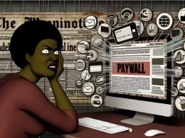 Illustration eines genervten Lesers am Bildschirm, blockiert durch eine Paywall, mit Symbolen für Medienabos, Kreditkarten und Tracking, vor einem Hintergrund aus Zeitungsschlagzeilen und digitaler Matrix.