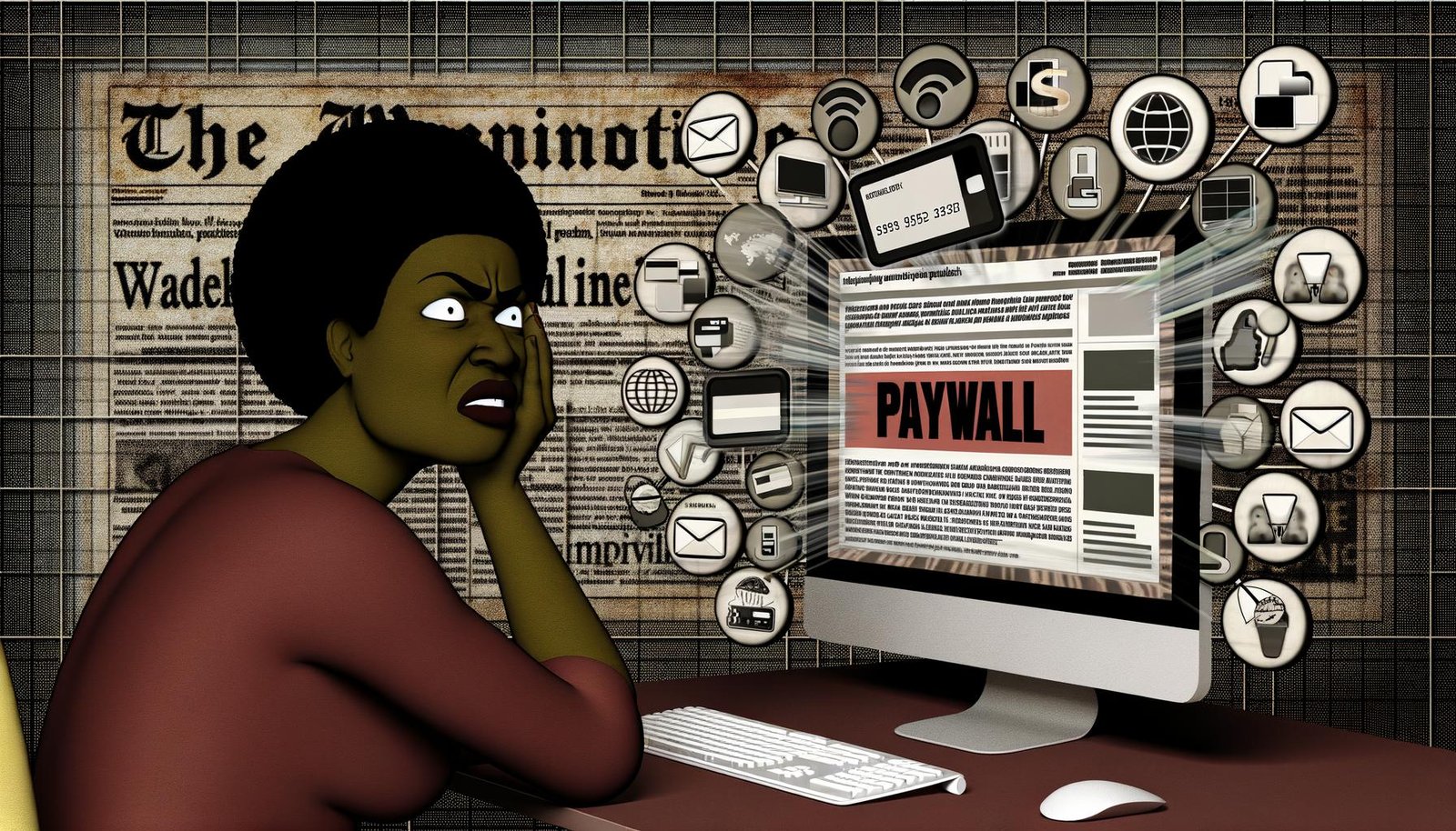 Illustration eines genervten Lesers am Bildschirm, blockiert durch eine Paywall, mit Symbolen für Medienabos, Kreditkarten und Tracking, vor einem Hintergrund aus Zeitungsschlagzeilen und digitaler Matrix.