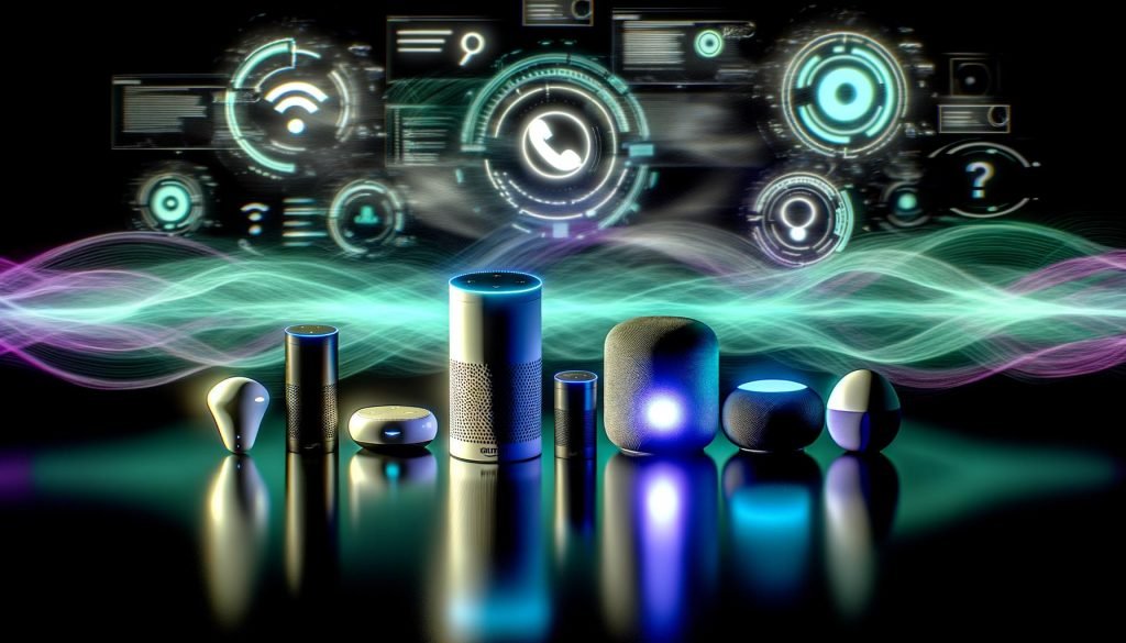 Smart Speaker von Amazon, Google und Apple kreisförmig um das Voiceflow-Logo auf einem schwarzen Tisch, mit digitalen Wellen, Chatbot-Icons und Marketing-Diagrammen in futuristischem Licht.