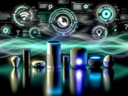 Smart Speaker von Amazon, Google und Apple kreisförmig um das Voiceflow-Logo auf einem schwarzen Tisch, mit digitalen Wellen, Chatbot-Icons und Marketing-Diagrammen in futuristischem Licht.