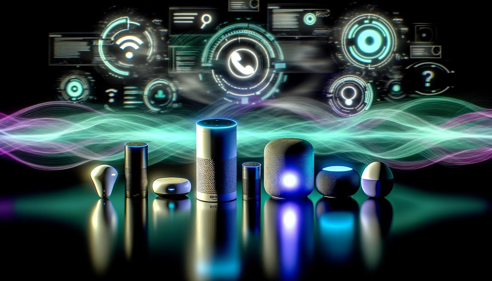 Smart Speaker von Amazon, Google und Apple kreisförmig um das Voiceflow-Logo auf einem schwarzen Tisch, mit digitalen Wellen, Chatbot-Icons und Marketing-Diagrammen in futuristischem Licht.