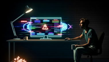 Dramatische Szene einer Person vor einem leuchtenden Bildschirm, umgeben von Fehlermeldungen, technischen Grafiken und leeren Kaffeebechern – Symbol für die Entdeckung von Website-Schwächen durch kostenlose SEO-Checker.